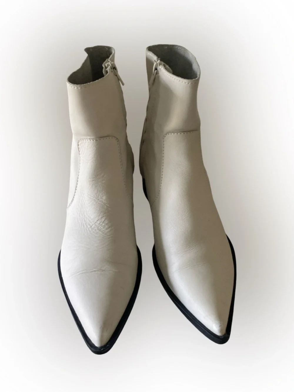 Cream Pointed-Toe Ankle Booties with Side Zip